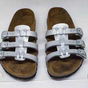 Birkenstock Birkis 38 size 7 Silver Xenia Soft Footbed 3 Strap Slide Sandal